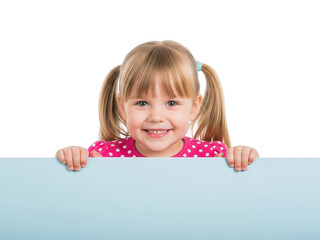 Young girl with pigtails peeking over a table