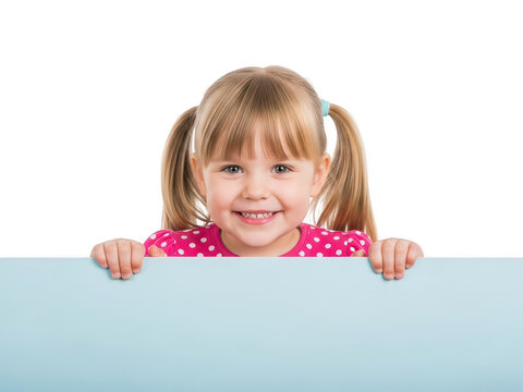 Young girl with pigtails peeking over a table