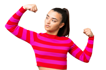 Young beauty woman over isolated chroma key background doing strong gesture