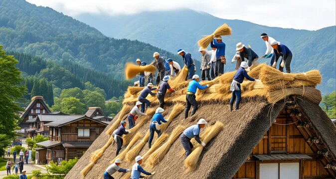 A community of villagers collaborates, passing straw bundles in a line to re-thatch the roof of a traditional Gassho-zukuri farmhouse