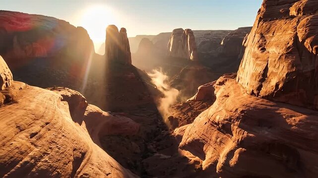 Sunrise over rocky desert landscape formation.