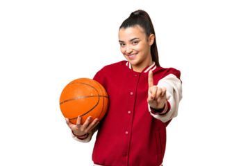 Young Woman playing basketball over isolated chroma key background showing and lifting a finger