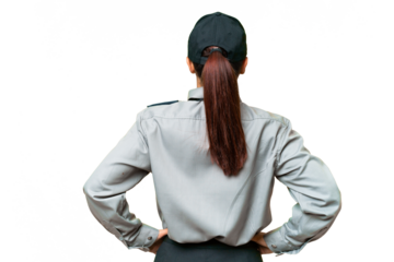 Young safeguard woman over isolated chroma key background in back position