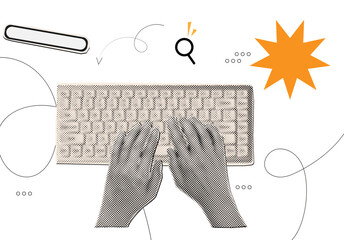 Halftone collage hands typing on keyboard ,search bar, online search discovery concept