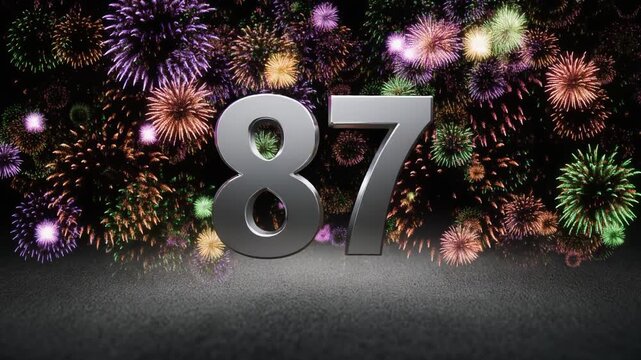 Silver number 87 with fireworks in the background. Festive scene for birthday or anniversary party