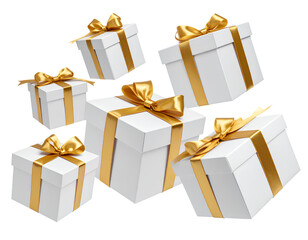 Elegant white gift boxes wrapped with shiny golden ribbons and bows suspended in mid
