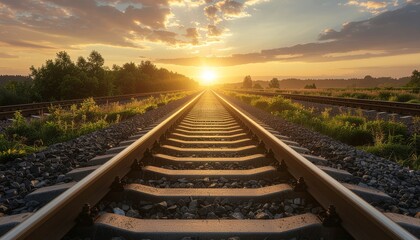 Railway tracks through nature at sunset for train transport.