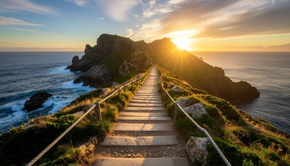 tone stairs with rope railing on coastal ridge at sunset for hiking and sightseeing