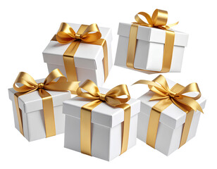 Elegant white gift boxes wrapped with shiny golden ribbons and bows suspended in mid