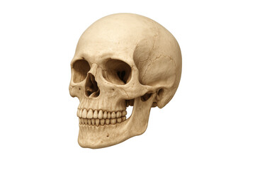 Fototapeta premium Human skull showing intricate bone structure, anatomy, and oral cavity, a symbol connecting to medical science and halloween