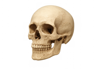 Human skull showing intricate bone structure, anatomy, and oral cavity, a symbol connecting to medical science and halloween