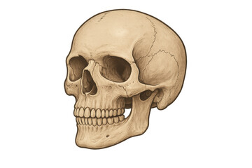 Obraz premium Human skull profile illustration representing death, mortality, and anatomy, isolated on transparent background