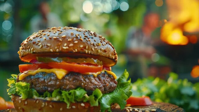 Hamburger with lettuce and tomato on a wooden cutting board. The hamburger is surrounded by a variety of vegetables, including tomatoes and lettuce. The scene has a casual, relaxed atmosphere