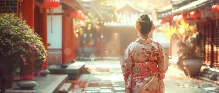 Woman in a kimono walks down a street with red lanterns hanging overhead. The scene is serene and peaceful, with the woman's presence adding a sense of grace and elegance to the setting