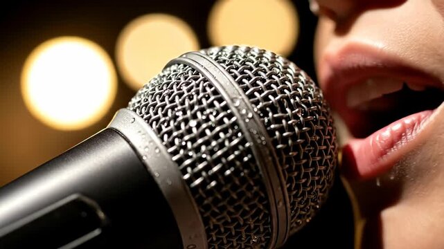 A close-up of a singer's mouth near a microphone, capturing the passion and energy of live performance and creativity.