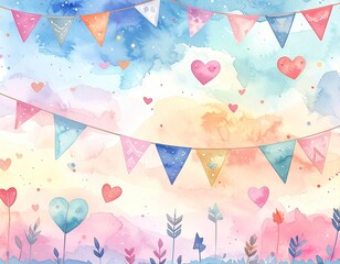 Watercolor Celebration - Hearts and Bunting Flags in Pastel Hues.