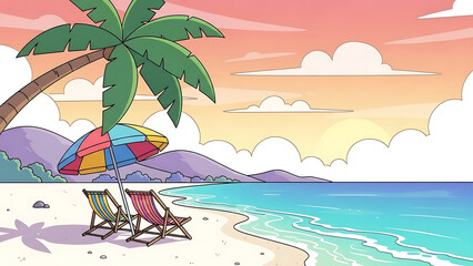 A serene beach scene with palm trees, colorful beach chairs, and a vibrant umbrella under a warm, pastel-hued sky