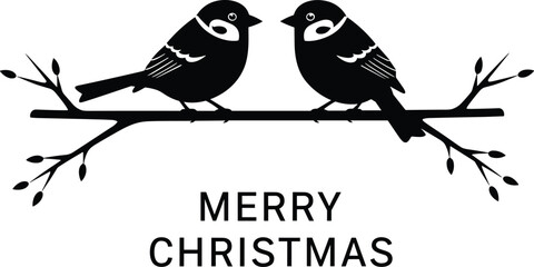 Merry Christmas Birds on Snowy Branch Silhouette Vector, Two Sparrows or Chickadees on Twig, Festive Winter Nature Graphic for Holiday Greeting Card Design. © Raihan