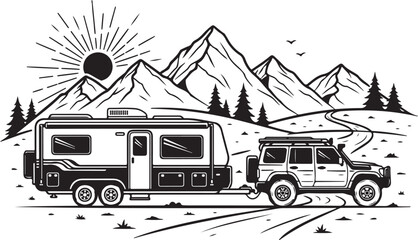 Mountain Forest Camper Van Vector Set