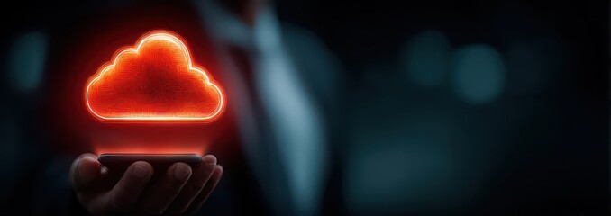 a businessperson using a smartphone with a cloud icon hologram technology concept on an office background, representing the online service of a mobile application in a business data storage setting.