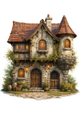 Fototapeta premium Cozy Medieval Stone Cottage with Warm Lights – Fairytale Fantasy House