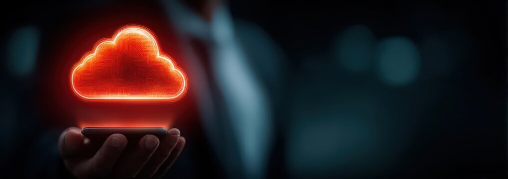 a businessperson using a smartphone with a cloud icon hologram technology concept on an office background, representing the online service of a mobile application in a business data storage setting. - Powered by Adobe