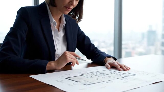 Professional reviewing a blueprint at a desk with city view