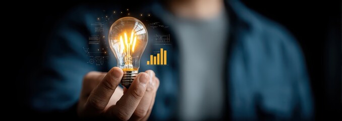 a person holding an illuminated light bulb with business icons and graphs floating around it, symbolising innovative ideas for smart solution.