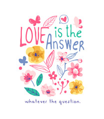 love slogan with butterflies and colorful flower garden vector illustration