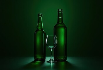 Green bottle still life, with glass