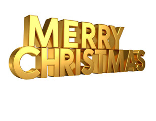 A 3D rendered Merry Christmas text in polished gold smooth metallic surface with