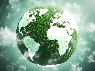 Aerial view of a lush green Earth with clouds surrounding it