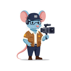 Fototapeta premium Cartoon Blue Mouse Character Holding a Professional Video Camera.