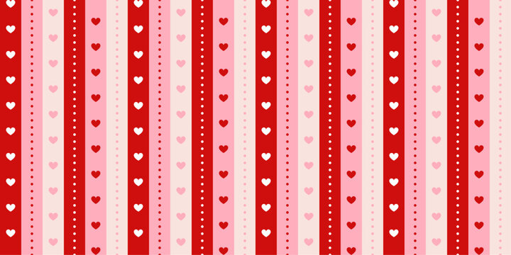 Valentine's Day seamless patter with striped background and heart. Repeating print for wrapping paper and poster. Red and pink minimalist wallpaper. Love and romantic postcard. Vector illustration