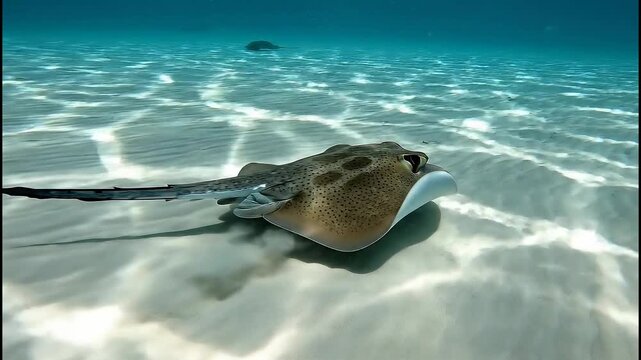 Stingray swimming over white sand seabed in tropical ocean