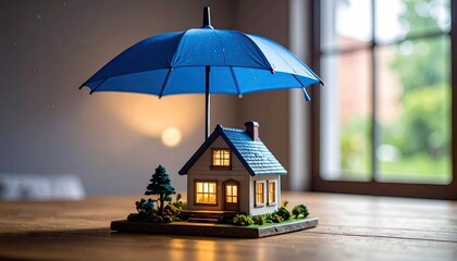 Blue Umbrella Protecting Miniature House Model on Wooden Table
