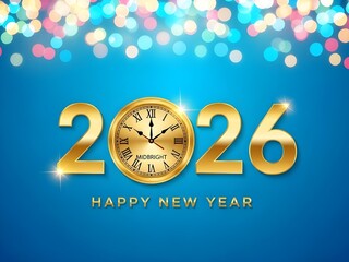 Celebrating the start of a new year 2026 with a clock striking midnight surrounded by festive lights