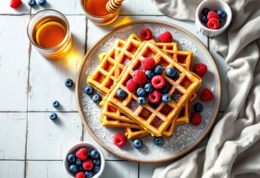 Waffles topped with berries and syrup, overhead shot