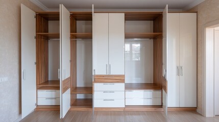 Fototapeta premium Modern wardrobe design with open shelves, drawers, and a stylish wooden finish in a contemporary interior space for efficient organization and storage solutions
