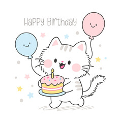 Cute kawaii white cat holding a birthday cake and smiling balloons with "Happy Birthday" text, hand-drawn doodle illustration