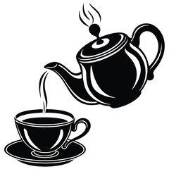 Black teapot with tea cup and saucer high quality vector illustration