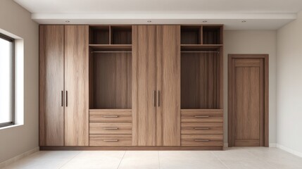 Elegant Wooden Wardrobe Design with Freestanding Structure and Ample Storage Space in Contemporary Interior Setting
