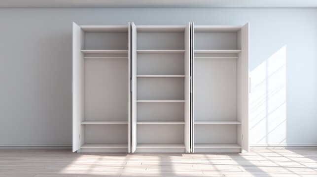 Modern Minimalist White Wardrobe with Open Shelves and Soft Natural Lighting in a Bright Contemporary Room Interior