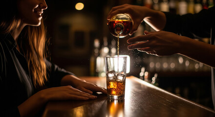 Close-up of a restaurant counter, waiter hands pouring alcohol into a glass while serving a female customer, ordering and hospitality. Night club, pub and bartender pouring drinks, soft drinks 
