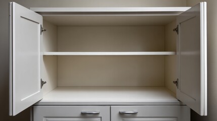 Fototapeta premium Empty modern white cabinet with open doors showcasing a minimalist design, perfect for storage solutions in contemporary spaces and home organization projects