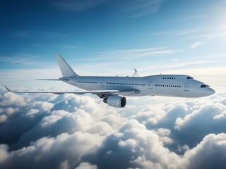 Airplane flying high above the clouds in a clear blue sky
