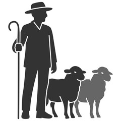 Silhouette illustrations of shepherd with staff and two sheep. Flat vector a man wearing hat with livestock on transparent background. Black and white design farmer life in village. © wpevortuna