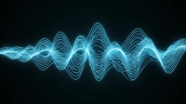 Futuristic visualization of vibrant blue sound waves oscillating dynamically across a dark background, illustrating audio signals and digital communication concepts.