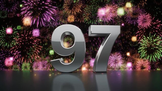 Silver number 97 with fireworks in the background. Festive scene for birthday or anniversary party
