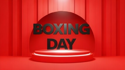 A boxing day sale announcement on a red circular podium with dramatic red curtains in the background